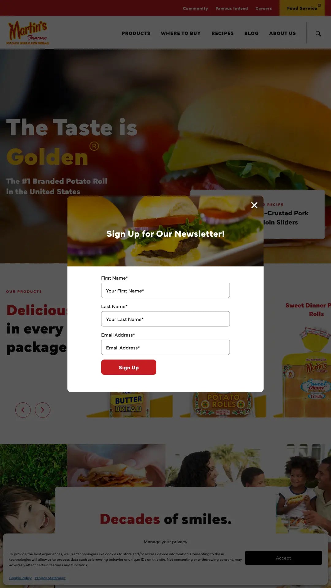 Screenshot: the ​Martin's Potato Rolls And Bread website.