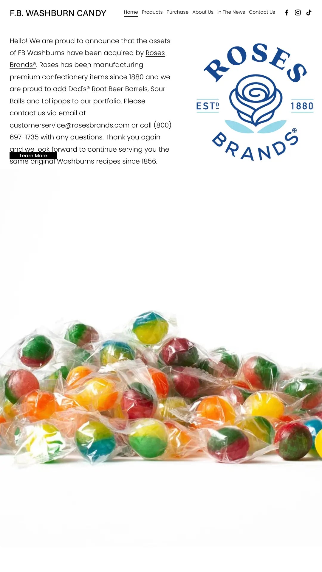 Screenshot: the FB Washburn Candy Corp. website.