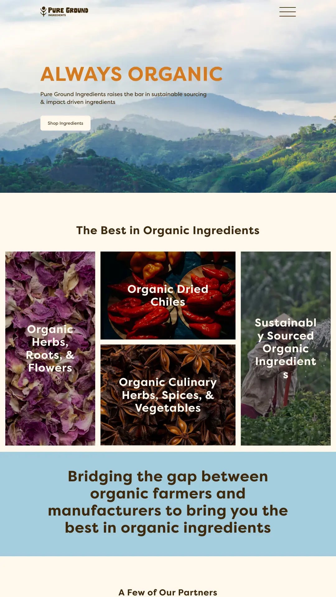 Screenshot: the Pure Ground Ingredients website.