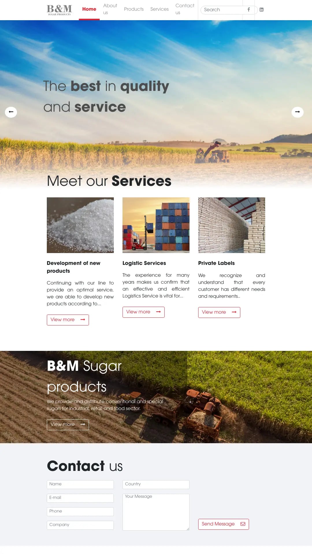 Screenshot: the B and M Sugar Products LLC website.