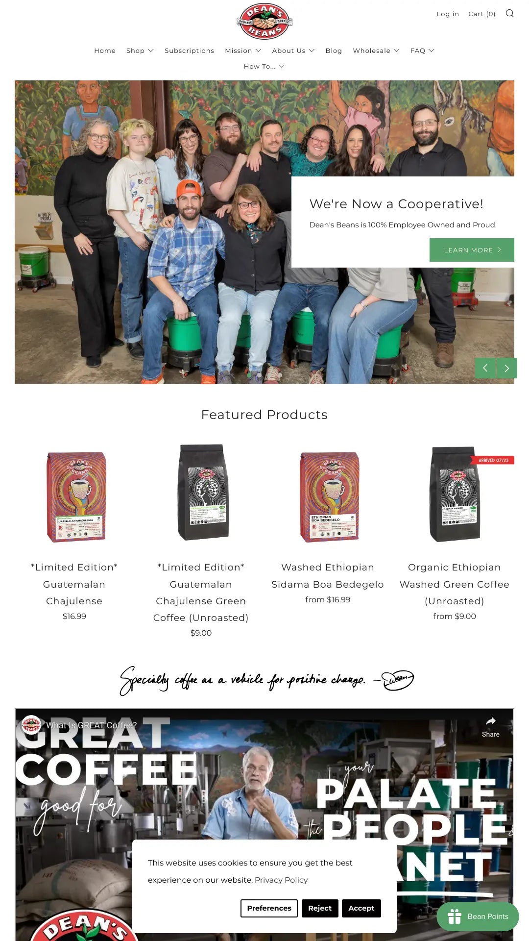 Screenshot: the Dean's Beans Organic Coffee website.