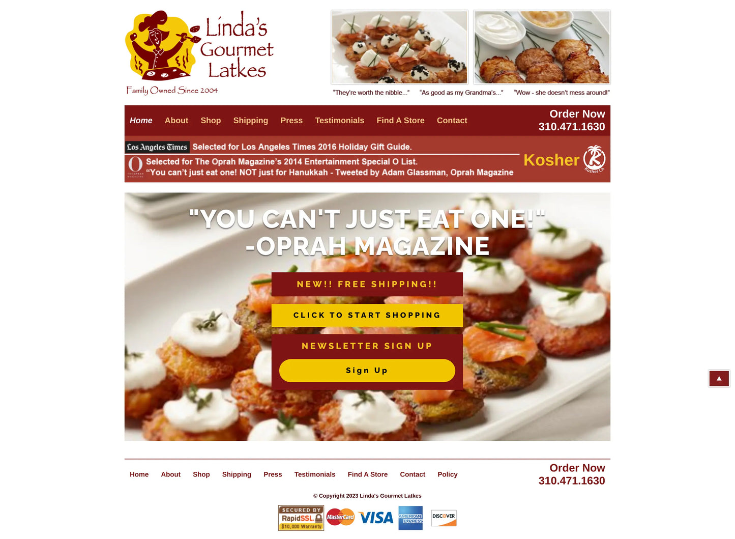 Screenshot: the Linda's Gourmet Latkes website.