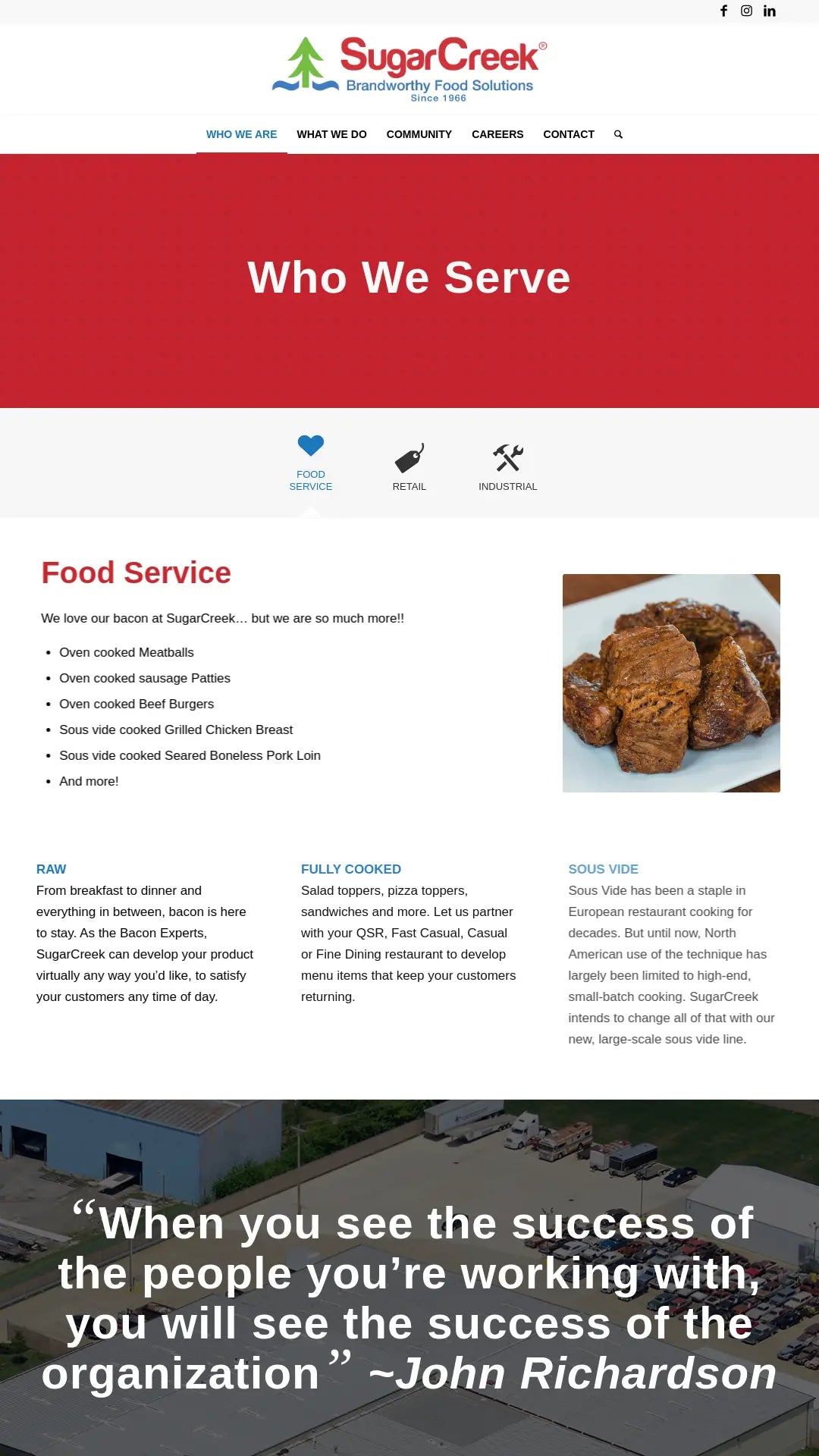 Screenshot: the Sugar Creek Foods website.