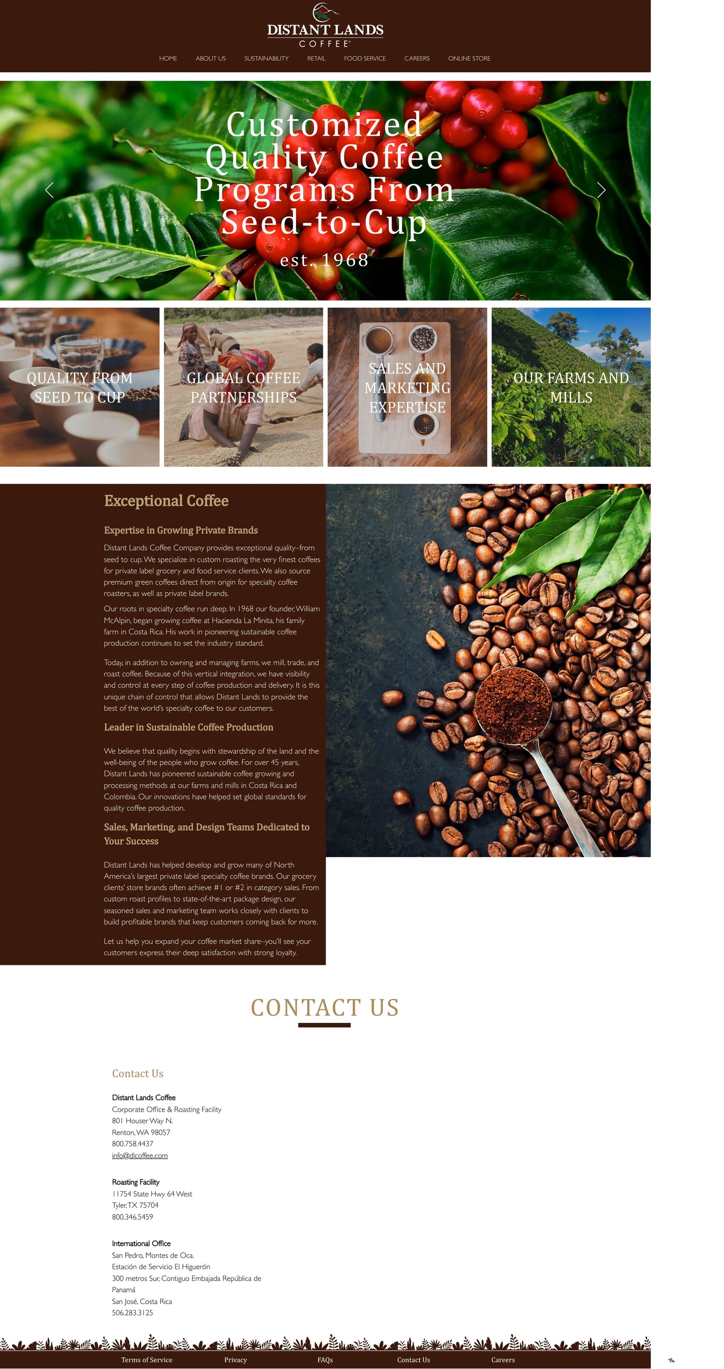 Screenshot: the Distant Lands Coffee website.