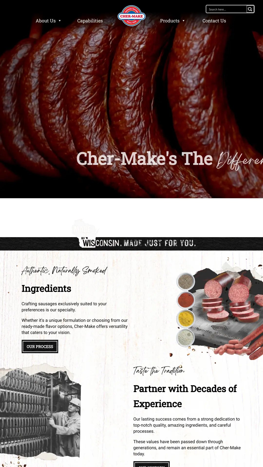 Screenshot: the Cher-Make Sausage Co. website.