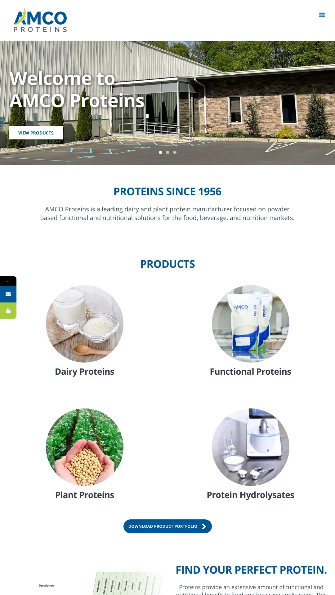 Screenshot: the Amco Proteins website.