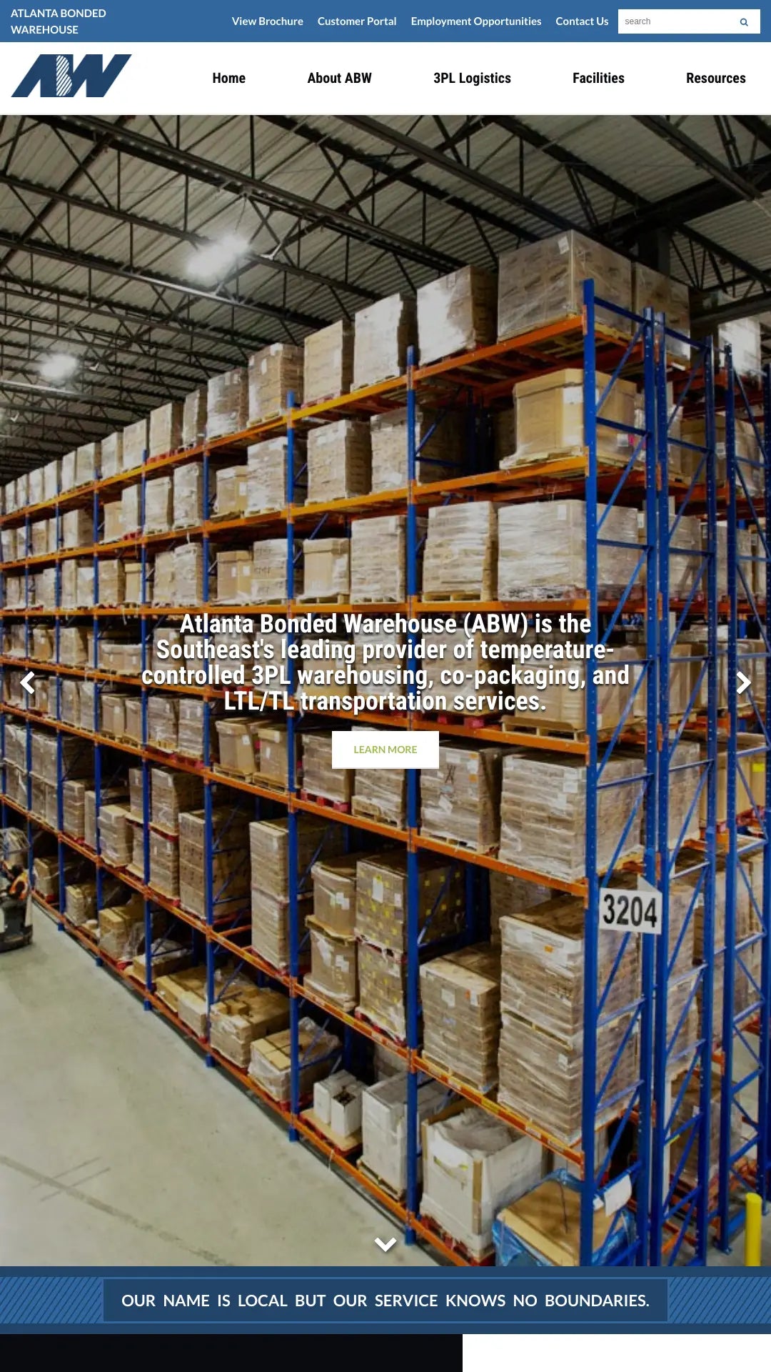 Screenshot: the Atlanta Bonded Warehouse website.