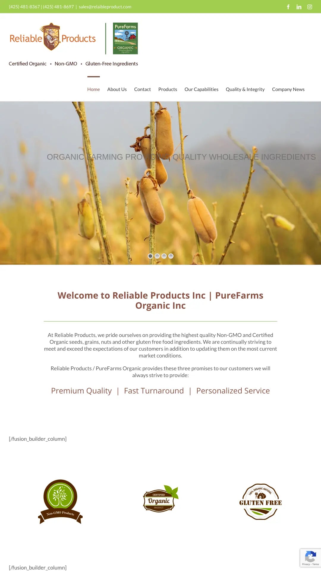 Screenshot: the Reliable Products website.