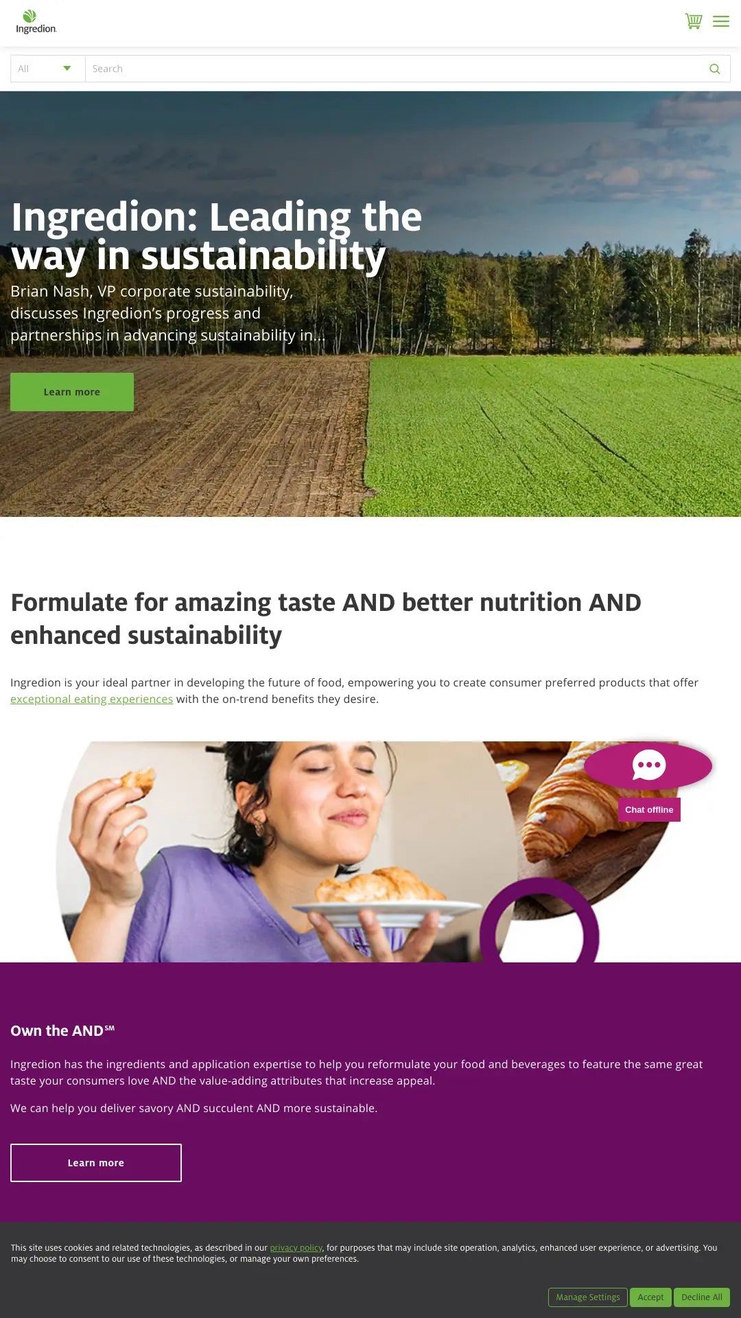 Screenshot: the Ingredion Incorporated website.