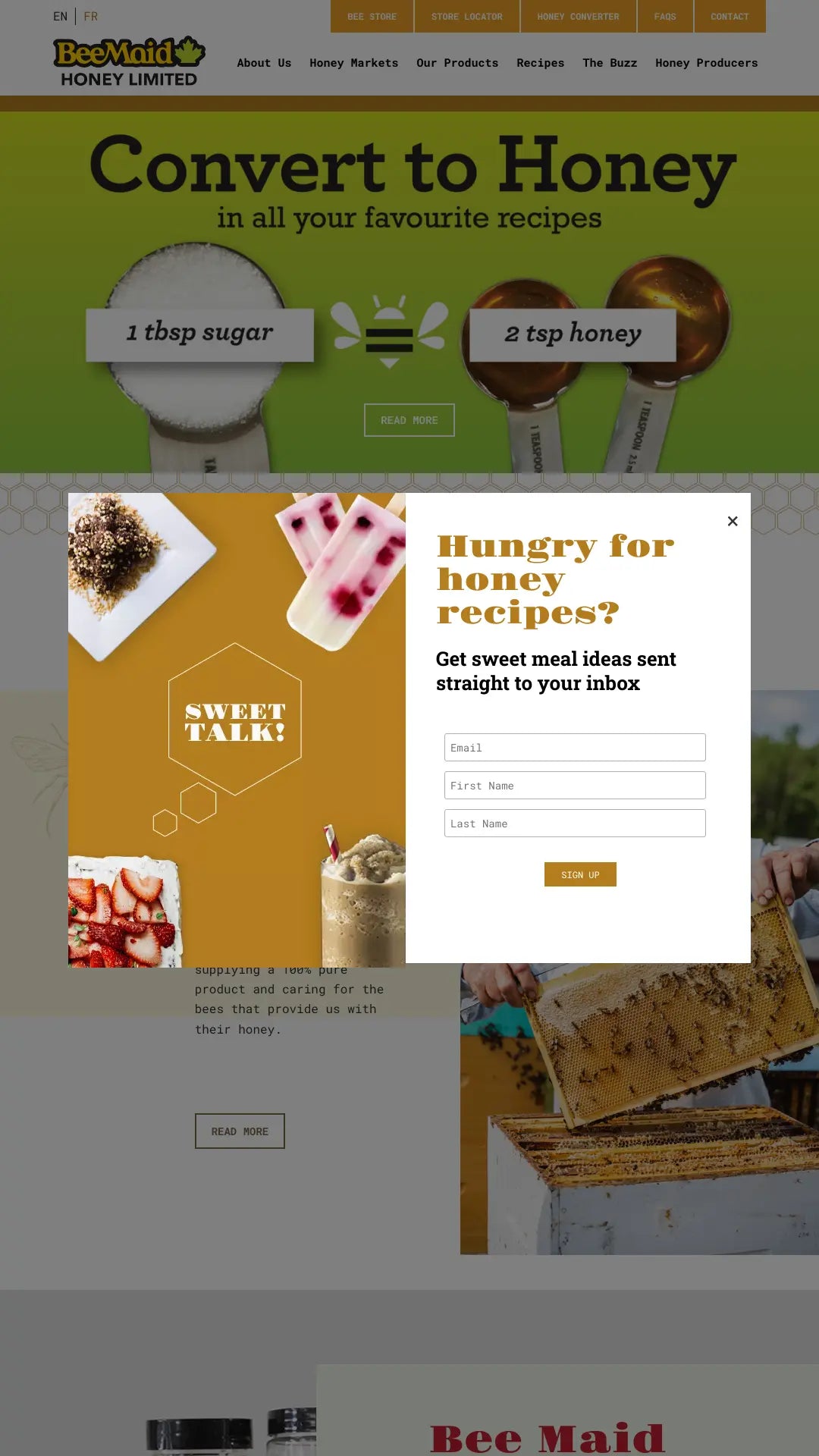 Screenshot: the Bee Maid Honey website.