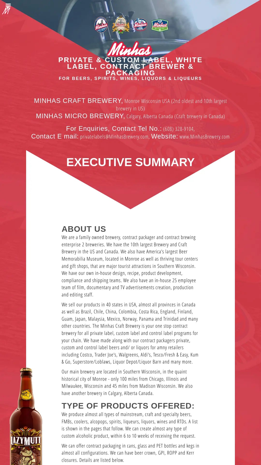 Screenshot: the Minhas Brewery website.