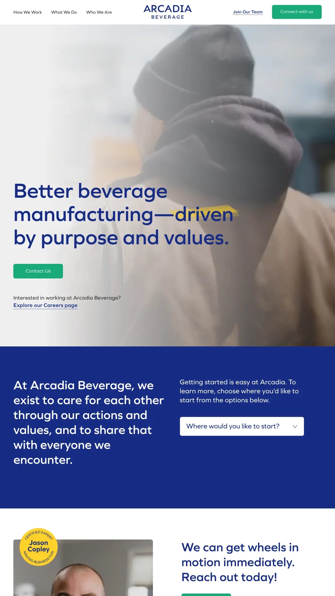 Screenshot: the Arcadia Beverage website.