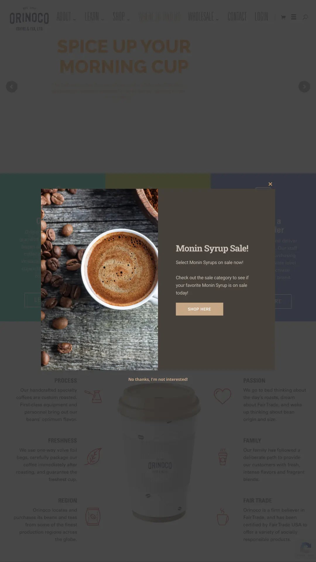 Screenshot: the Orinco Coffee & Tea Ltd website.