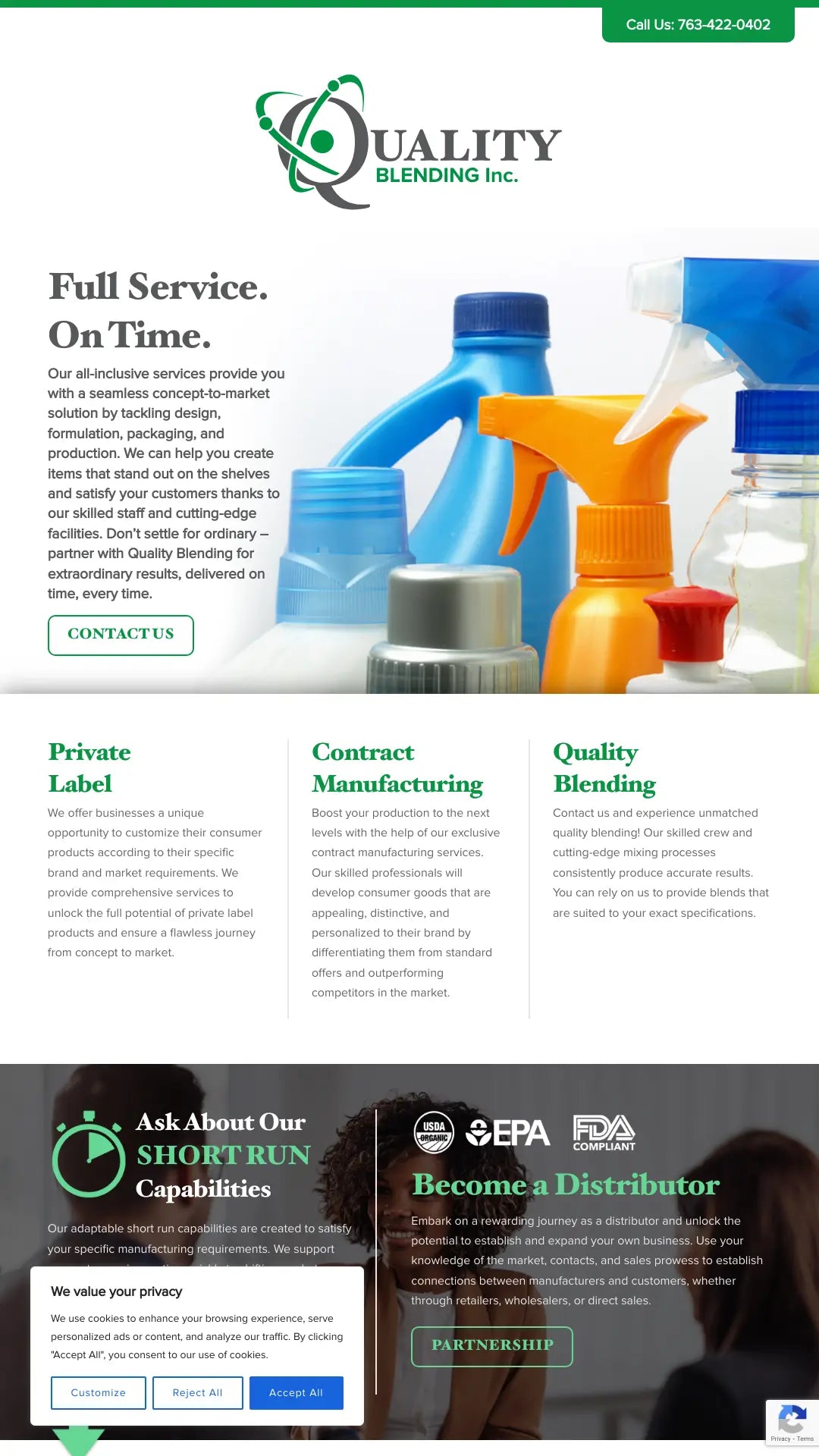 Screenshot: the Quality Blending, Inc. website.