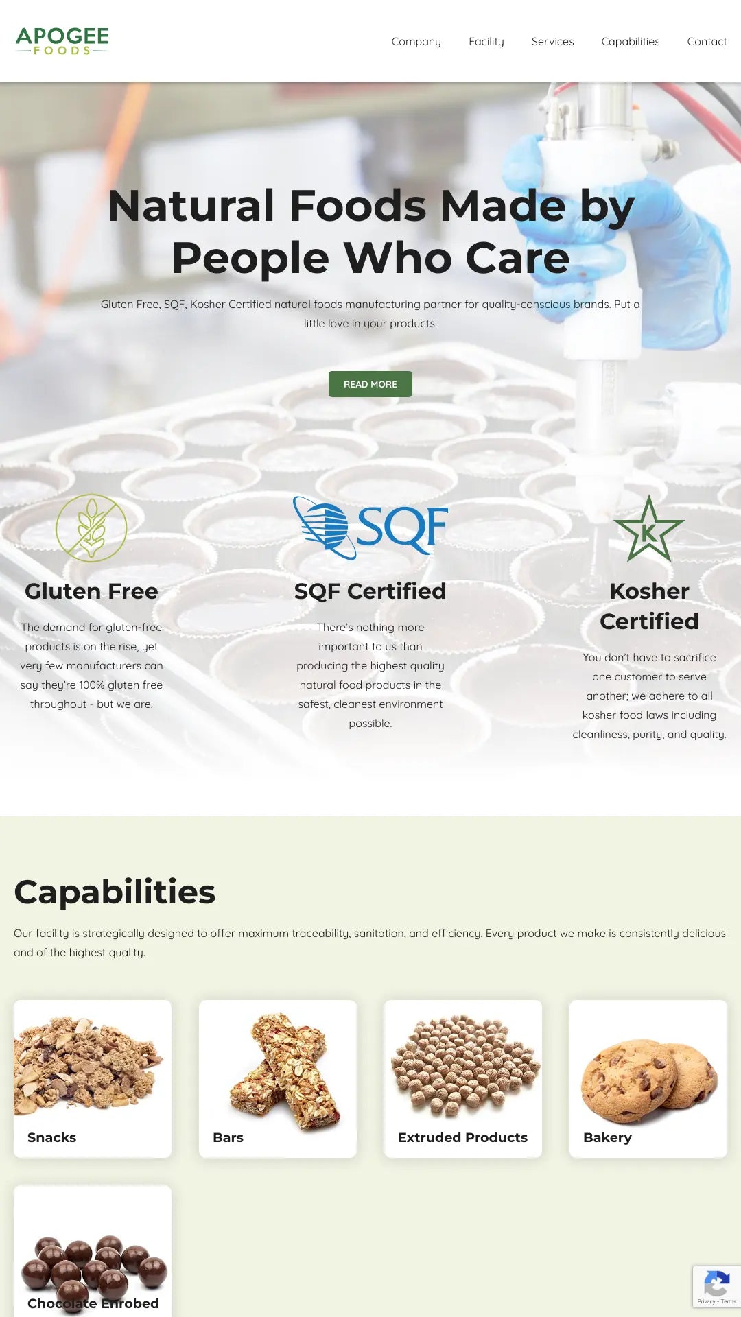 Screenshot: the Apogee Foods website.