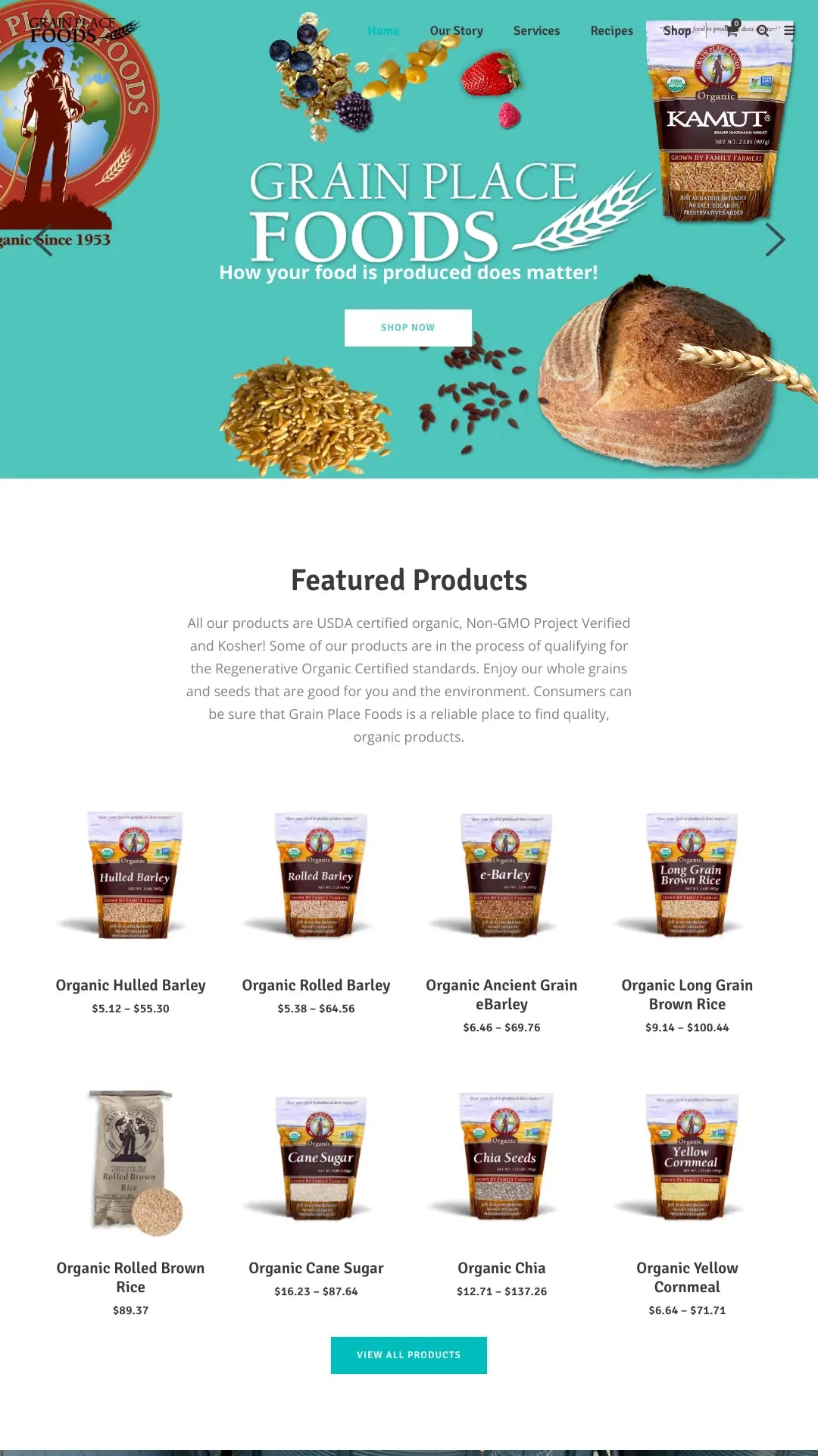 Screenshot: the Grain Place Foods website.