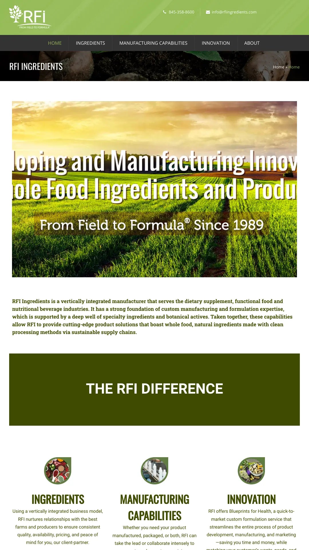 Screenshot: the RFI Ingredients website.