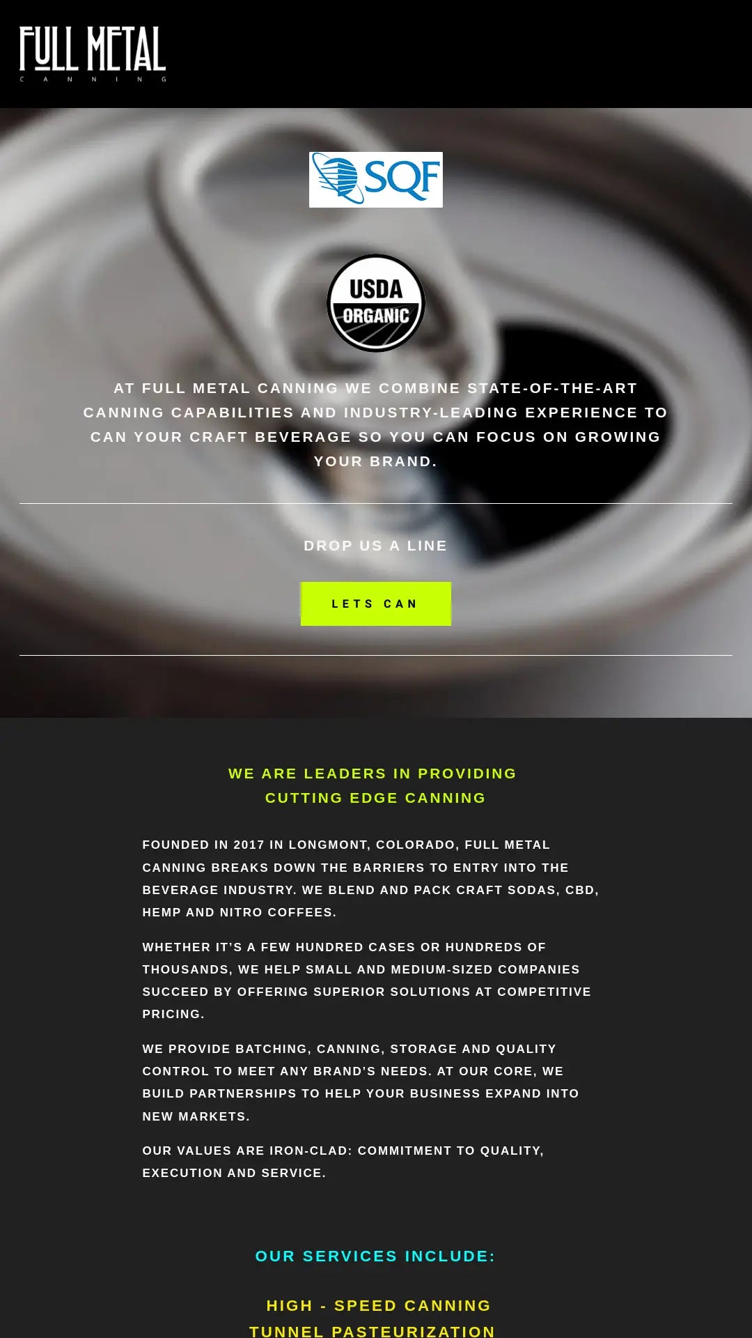 Screenshot: the Full Metal Canning website.