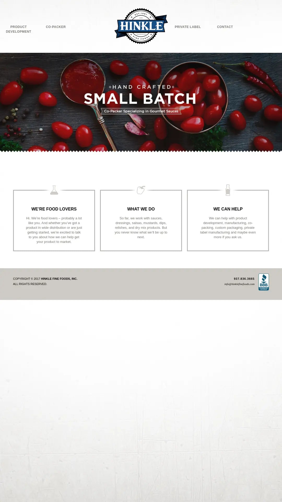 Screenshot: the Hinkle Fine Foods website.