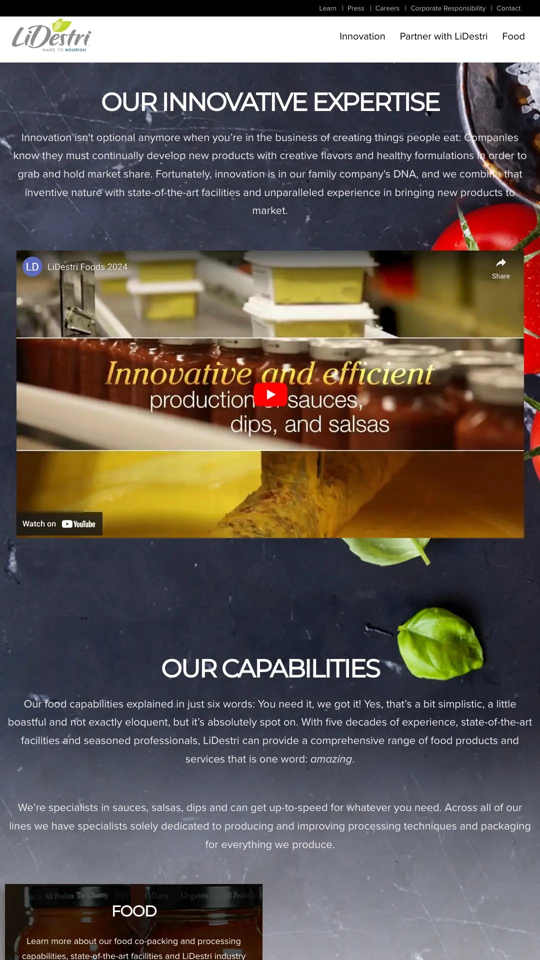 Screenshot: the LiDestri Foods, Inc. website.