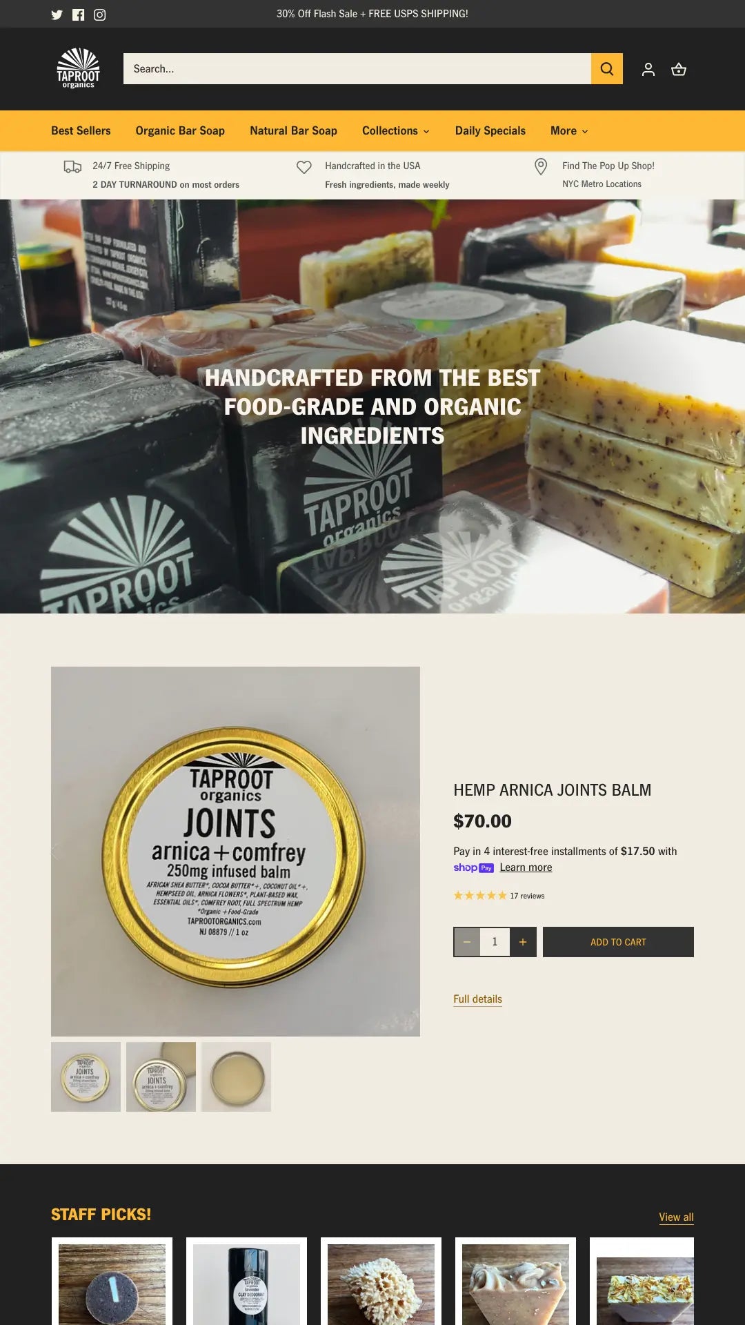 Screenshot: the Taproot Organics website.