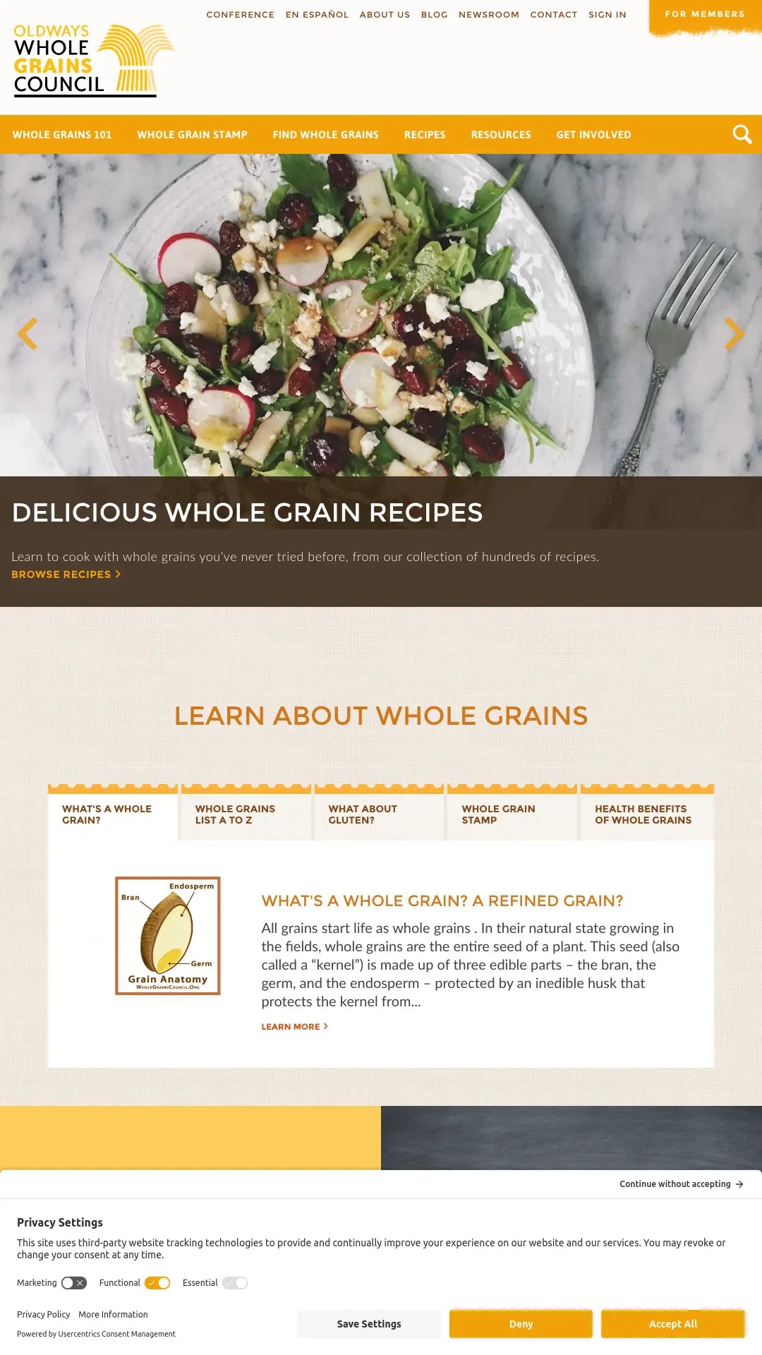 Screenshot: the Oldways Whole Grains Council website.