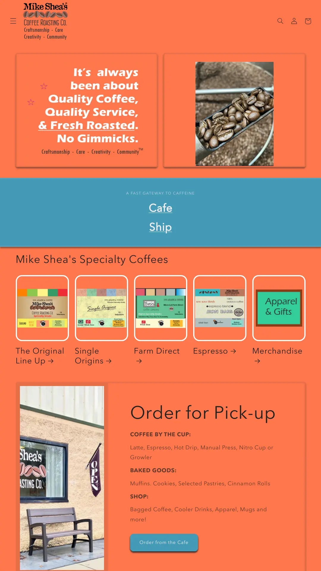 Screenshot: the Mike Shea's Coffee Roasting Co website.