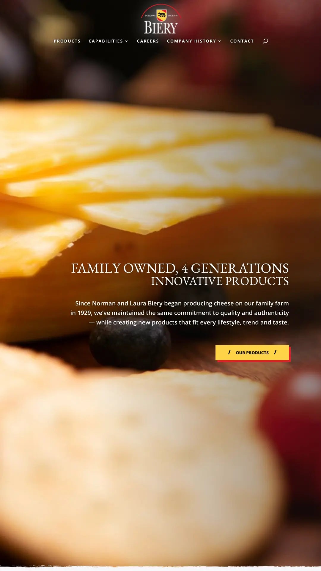 Screenshot: the Biery Cheese website.