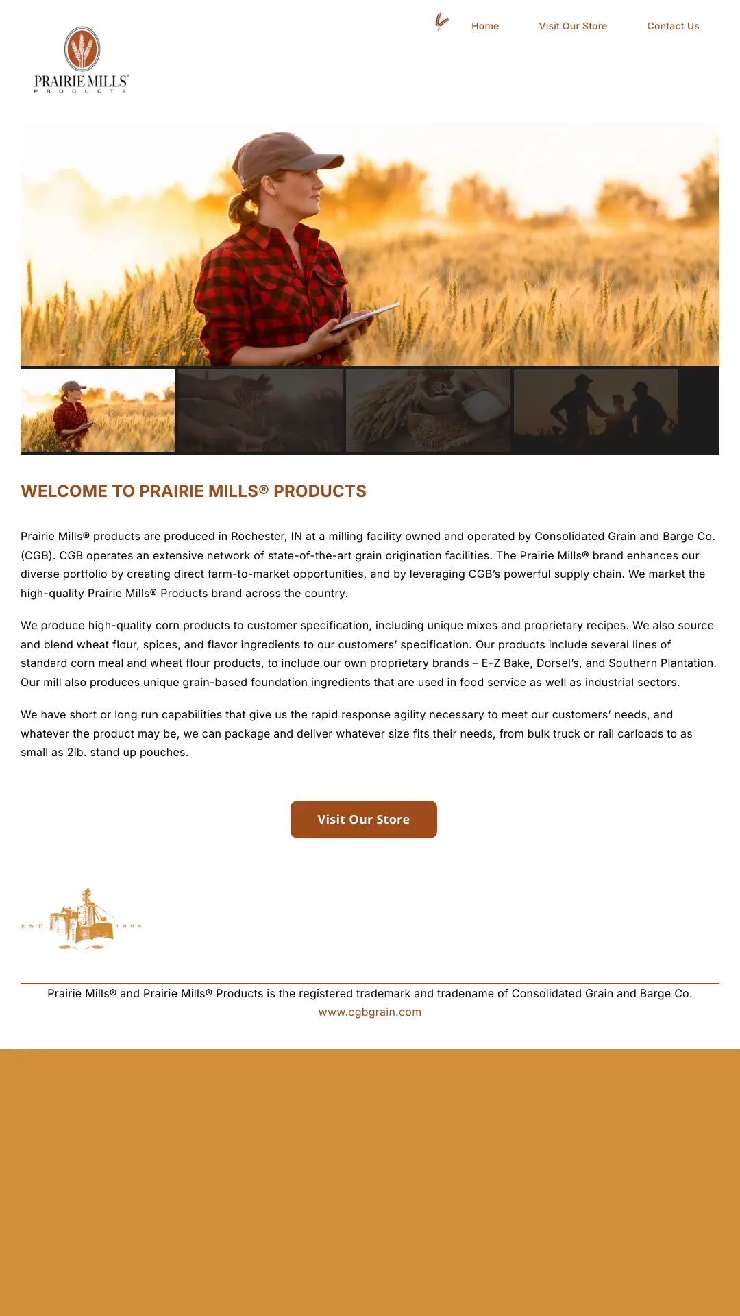 Screenshot: the Prairie Mills Products, LLC website.