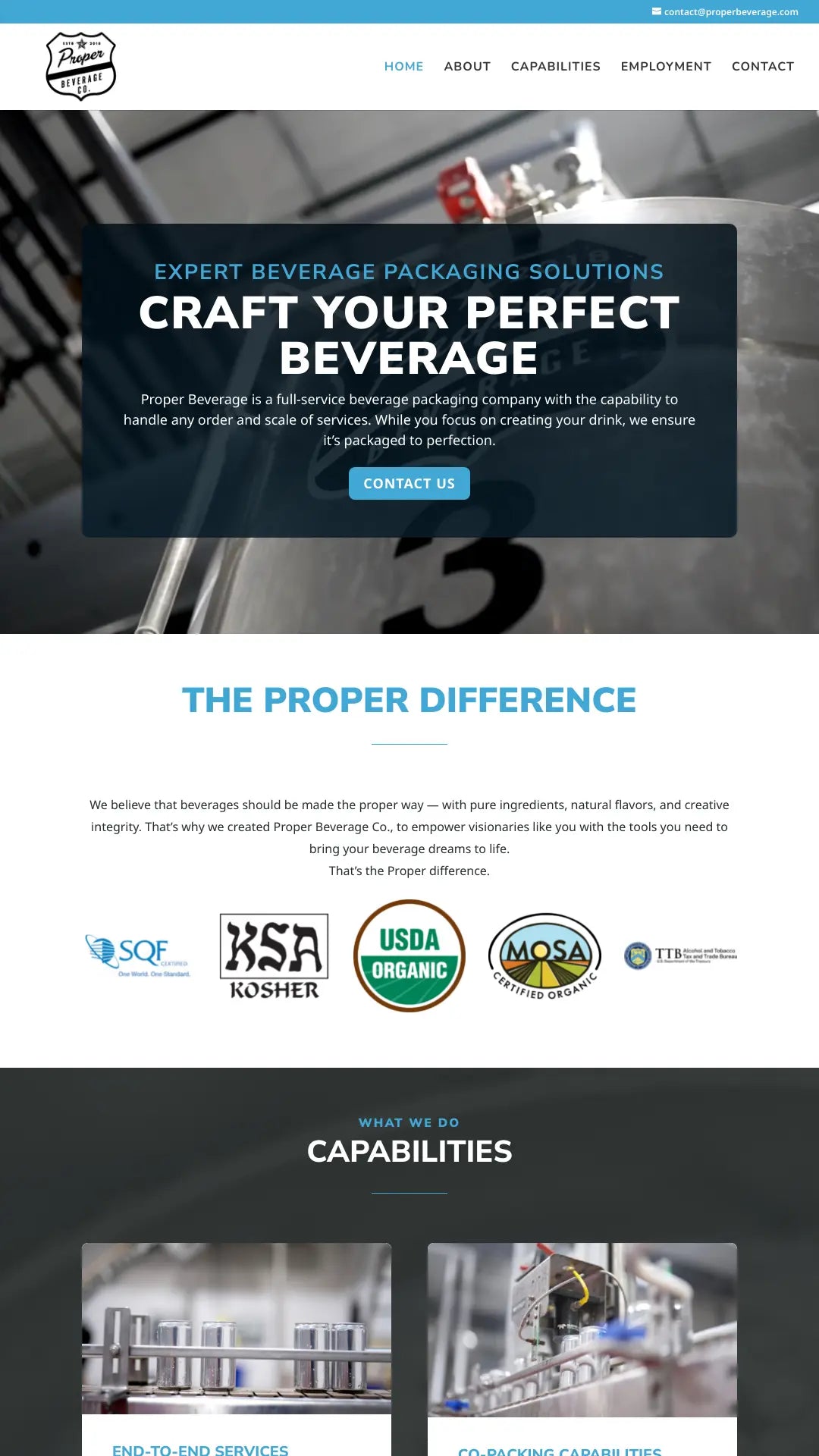 Screenshot: the Proper Beverage Co. website.