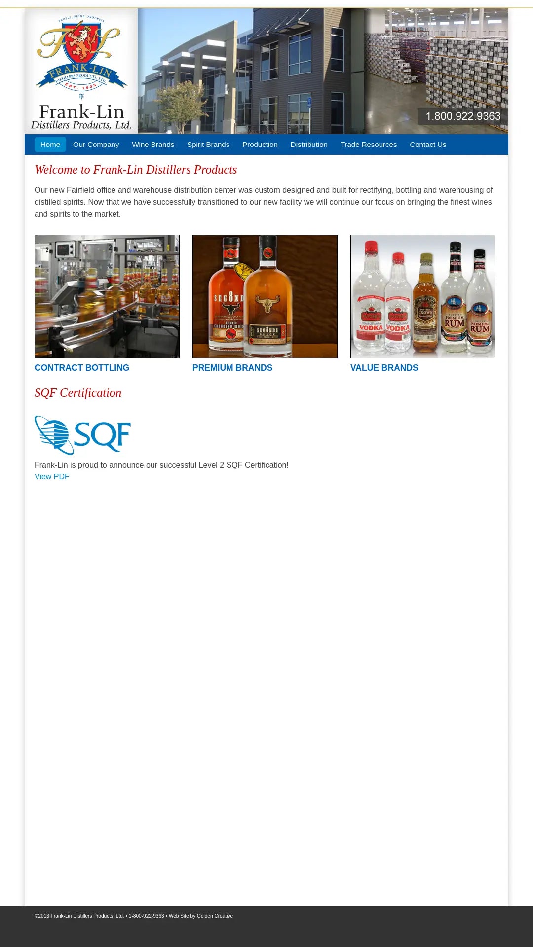 Screenshot: the Frank-lin Distillers Products website.