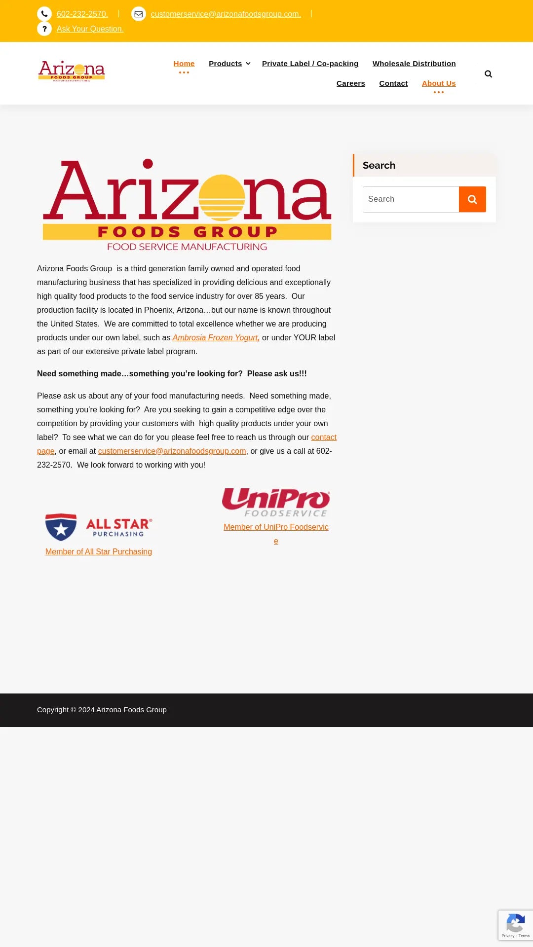 Screenshot: the Arizona Foods Group website.