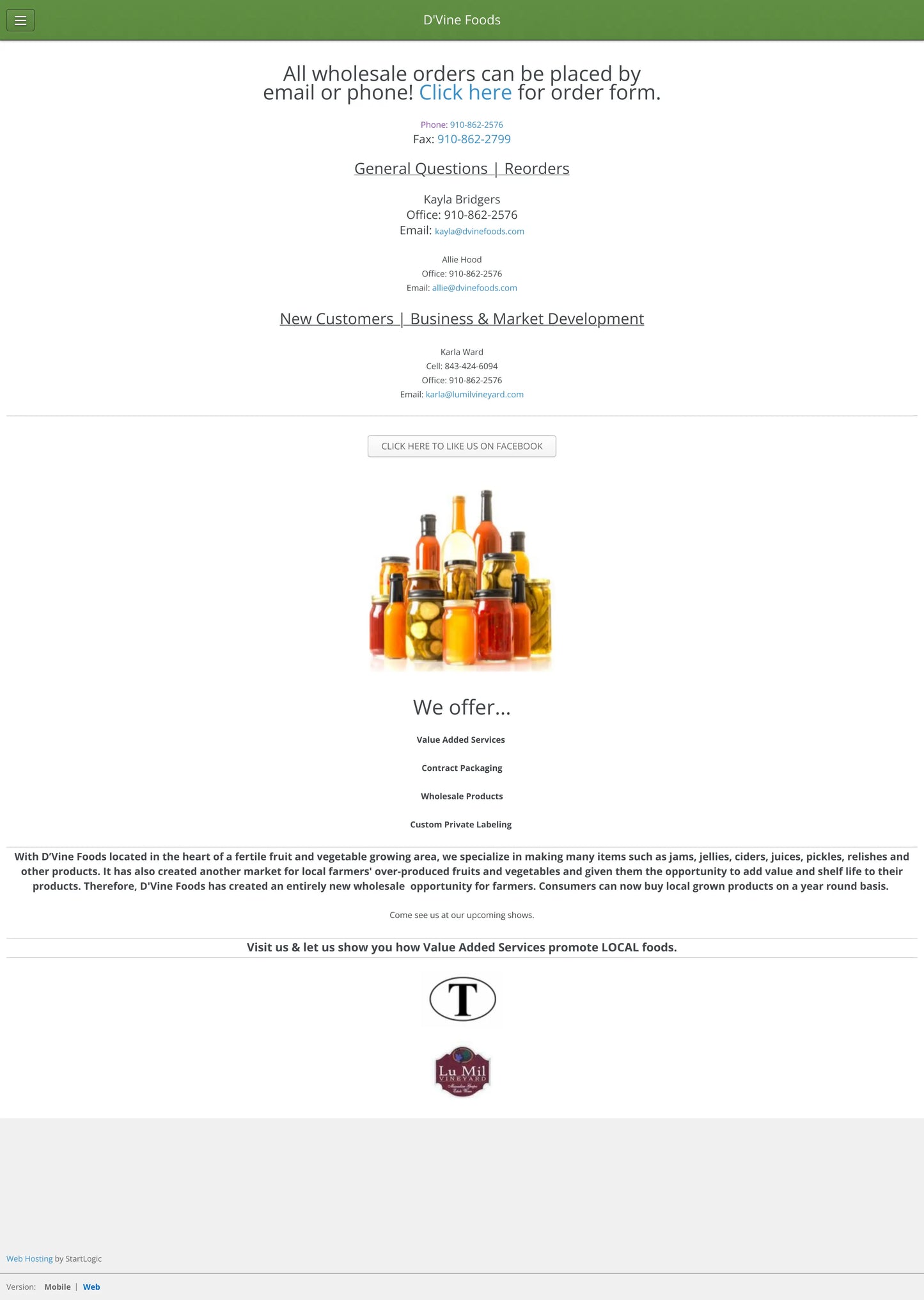 Screenshot: the D'Vine Foods website.