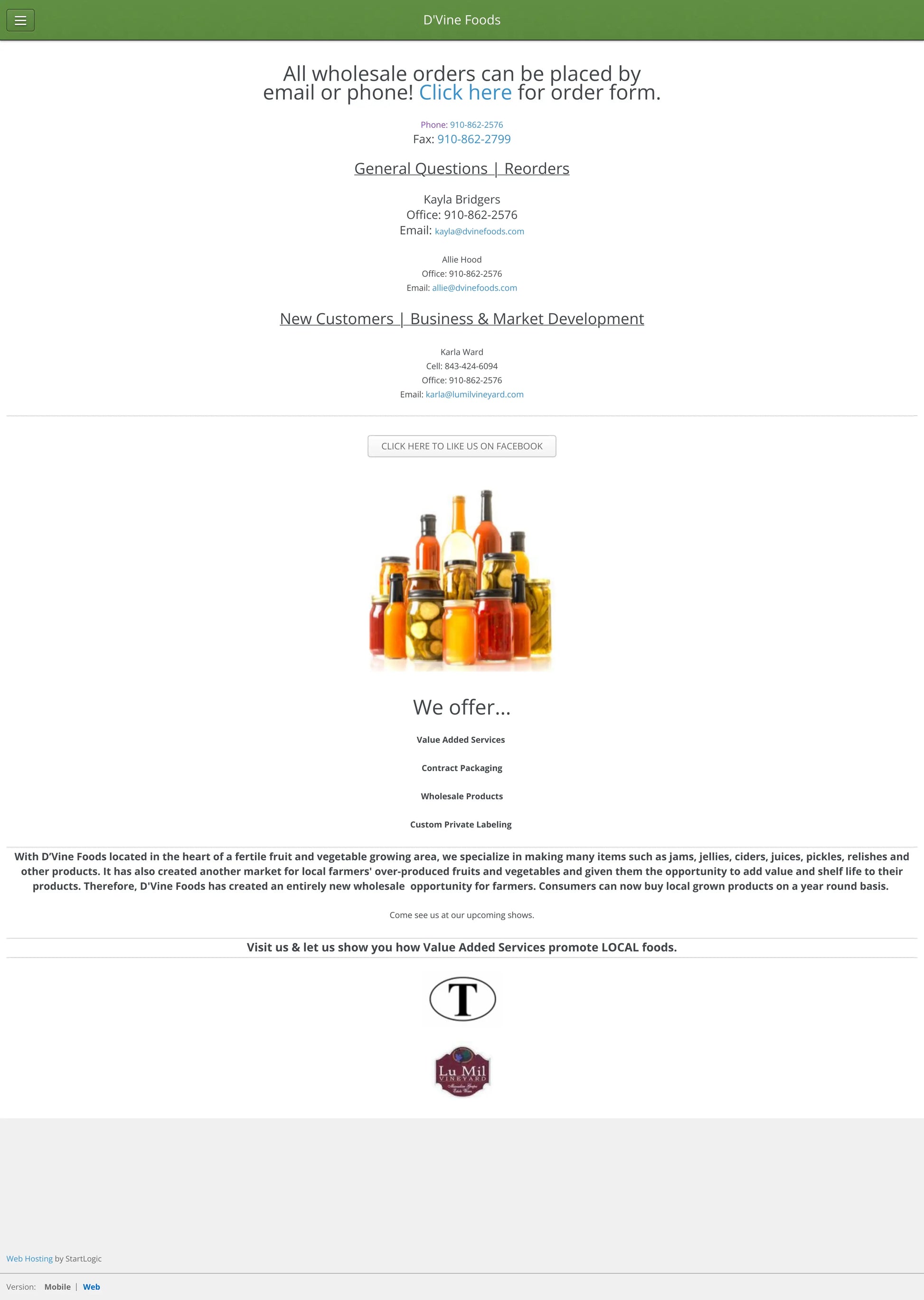 Screenshot: the D'Vine Foods website.