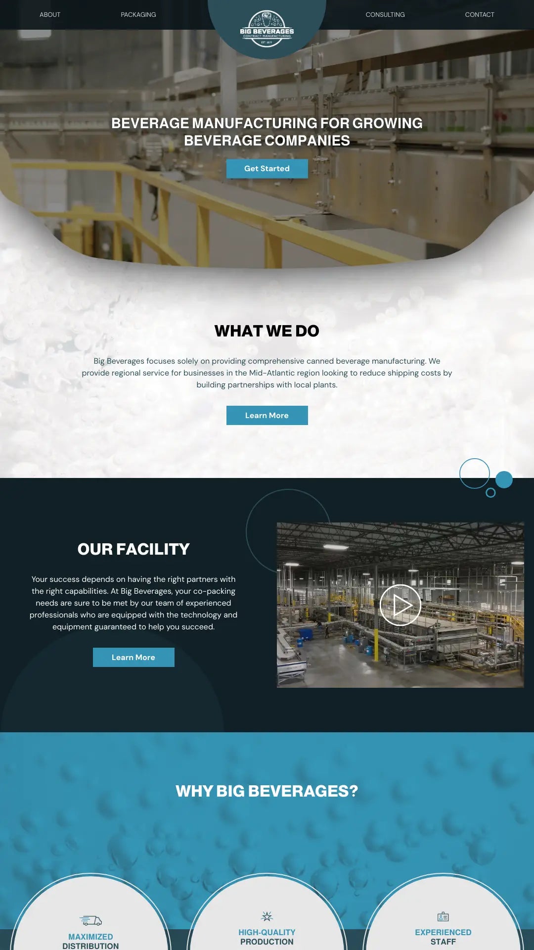 Screenshot: the Big Beverages Contract Manufacturing website.