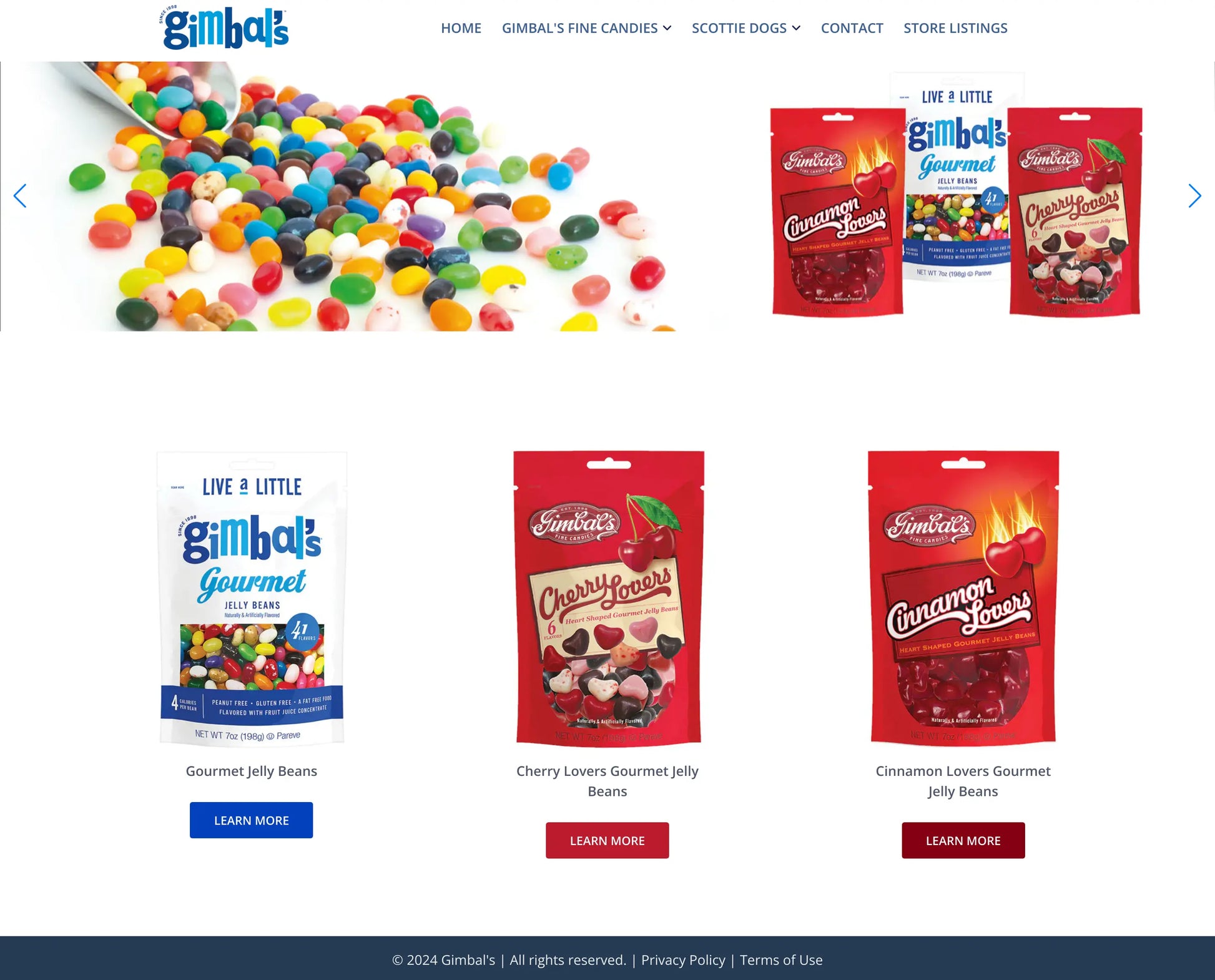 Screenshot: the Gimbals Fine Candies website.