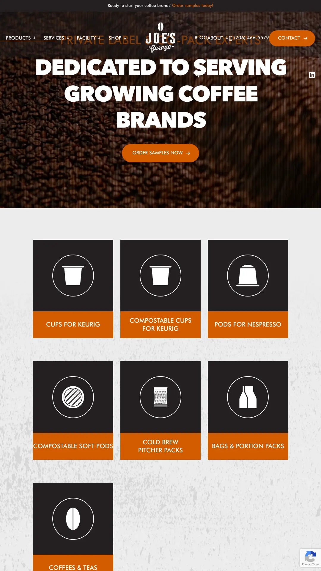 Screenshot: the Joe's Garage Coffee website.