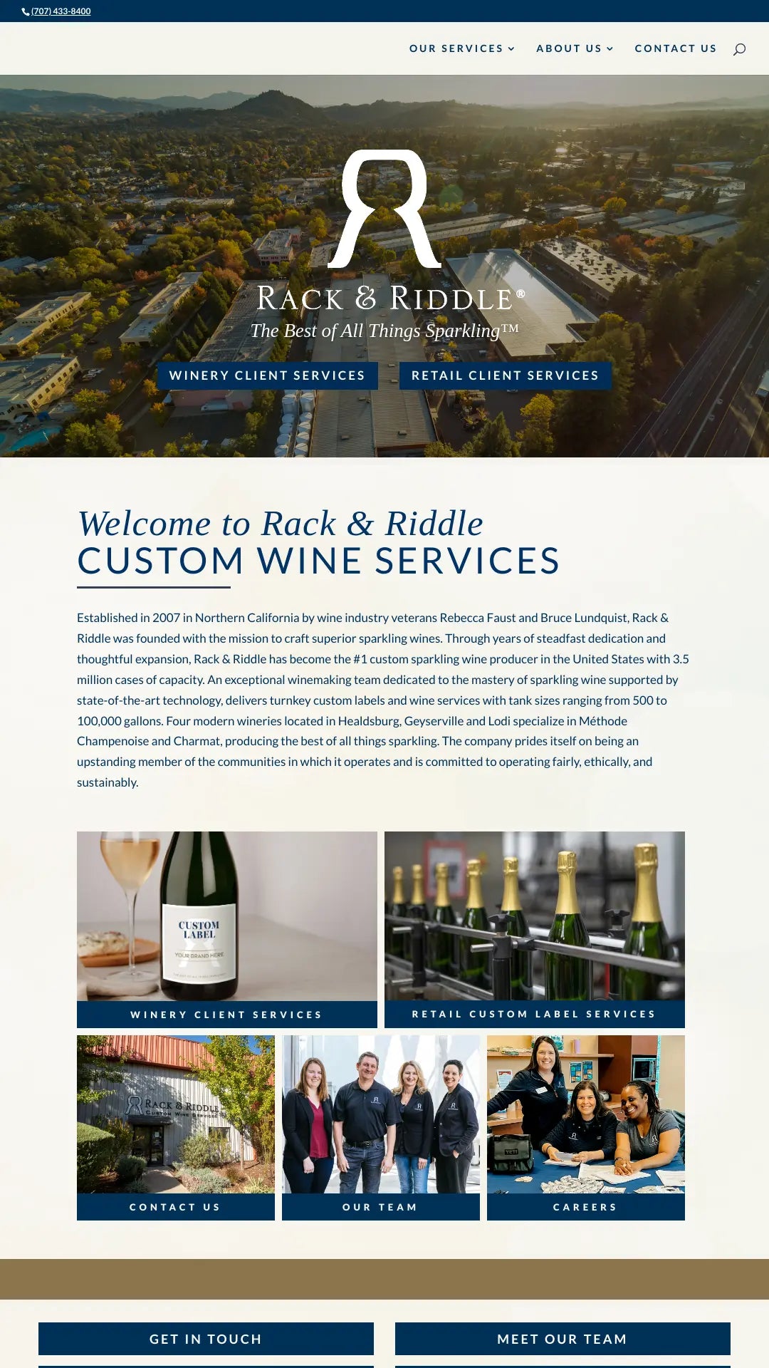 Screenshot: the Rack and Riddle Custom Wine Services website.