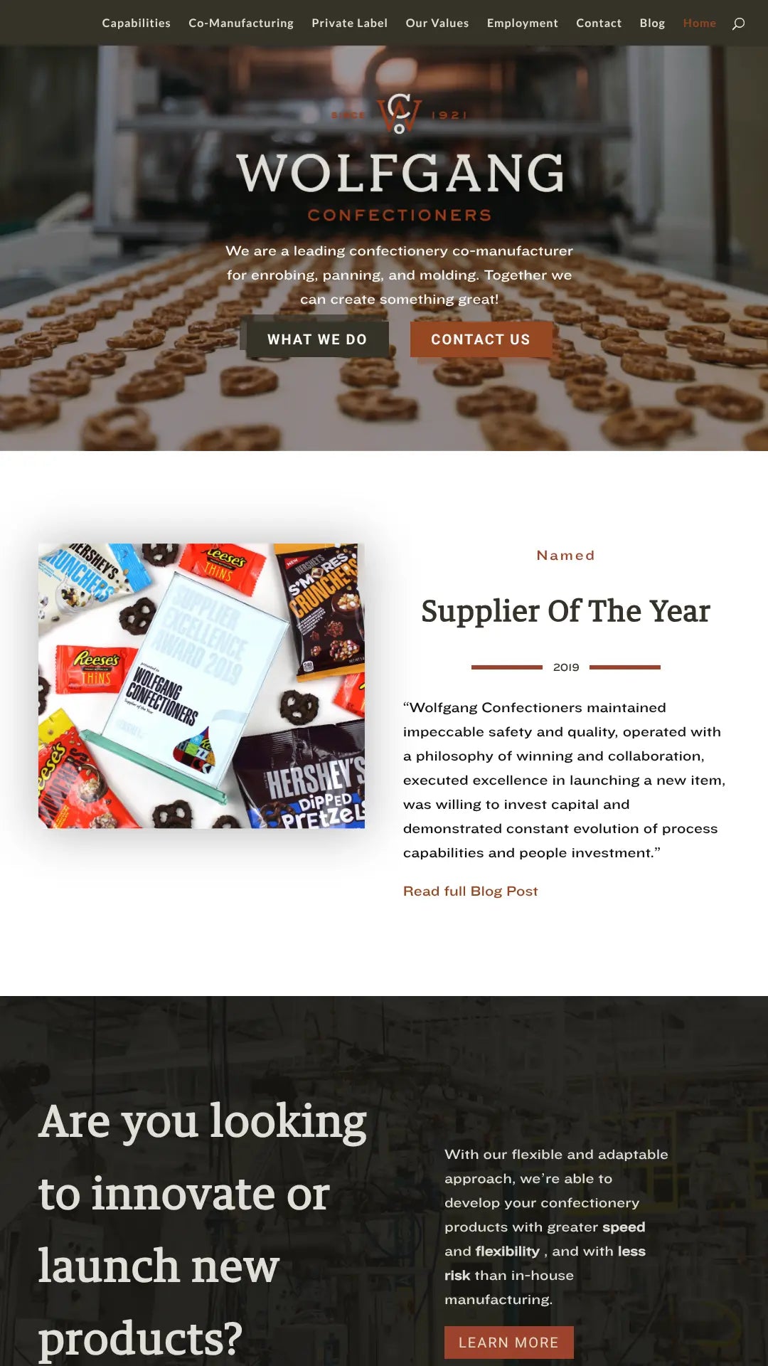 Screenshot: the Wolfgang Confectioners website.