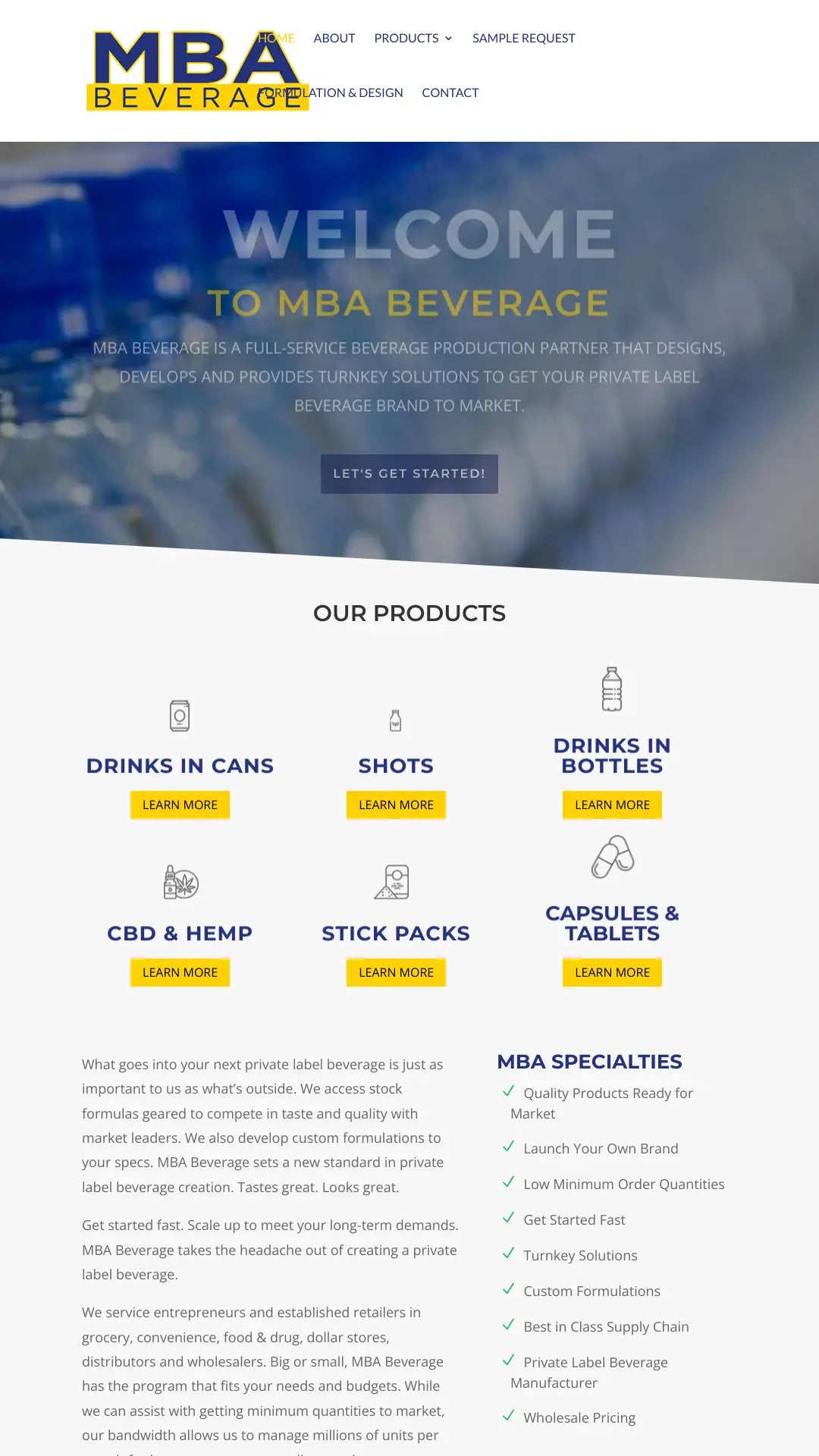 Screenshot: the MBA Beverages website.