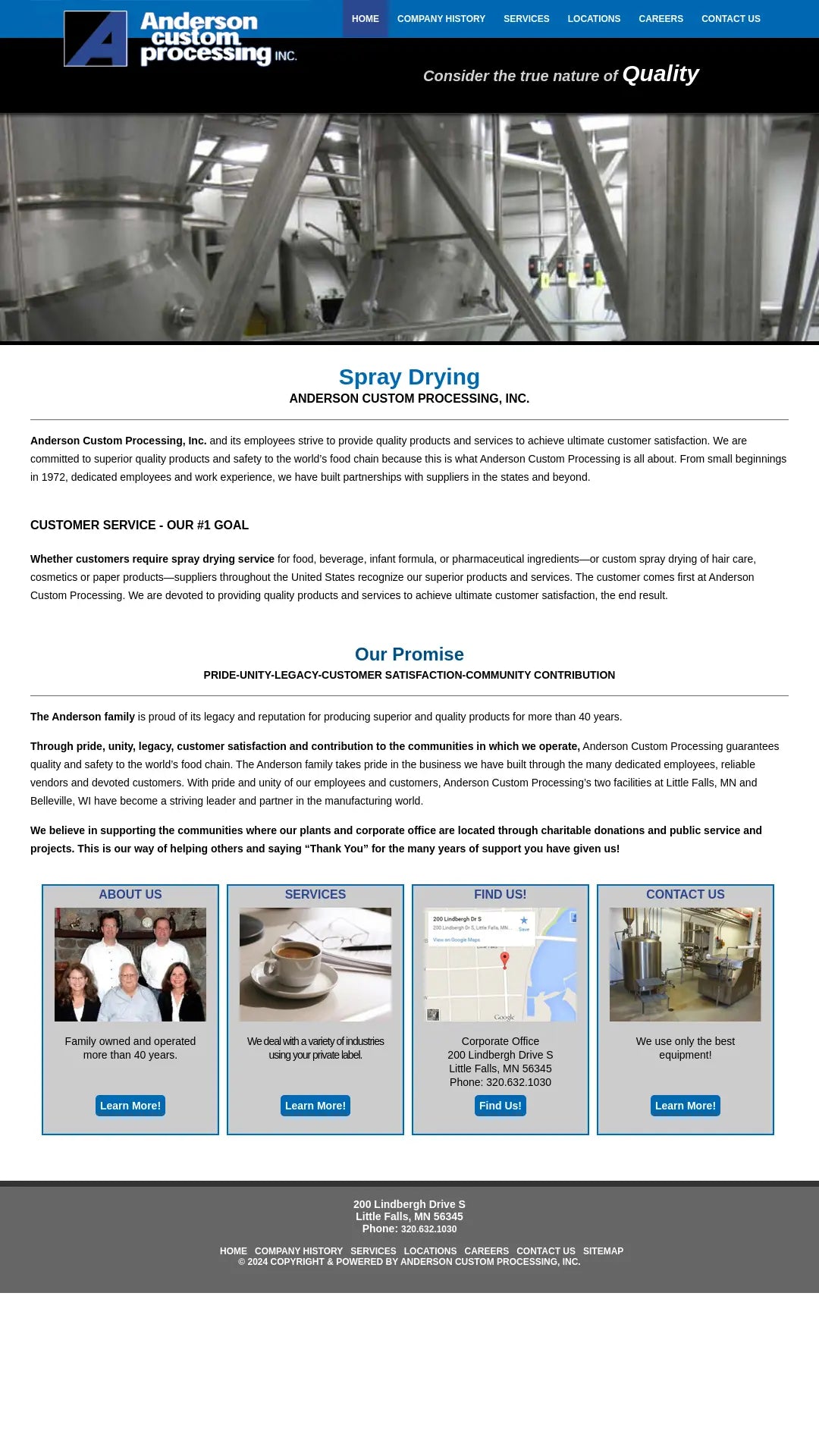Screenshot: the Anderson Custom Processing website.