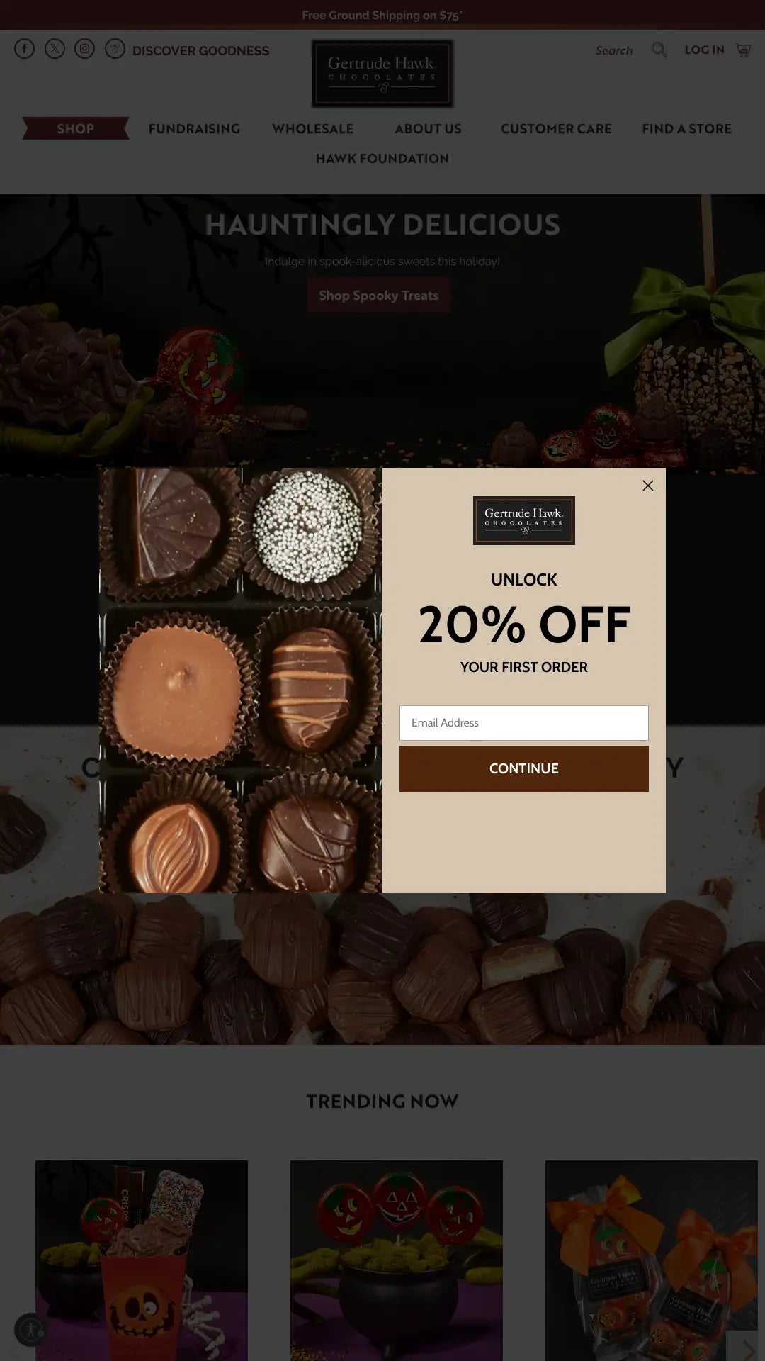 Screenshot: the Gertrude Hawk Chocolates website.