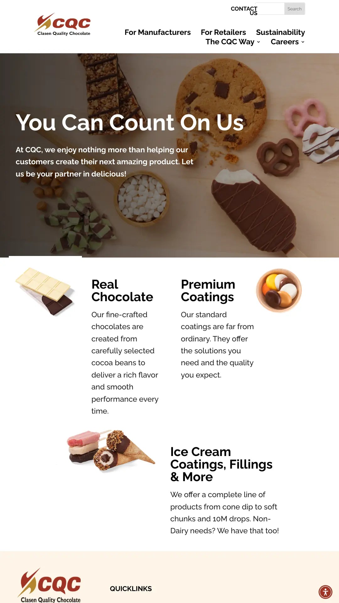 Screenshot: the Clasen Quality Chocolate website.