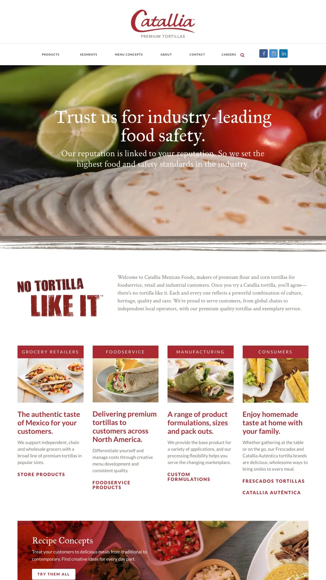 Screenshot: the Catallia Mexican Foods website.