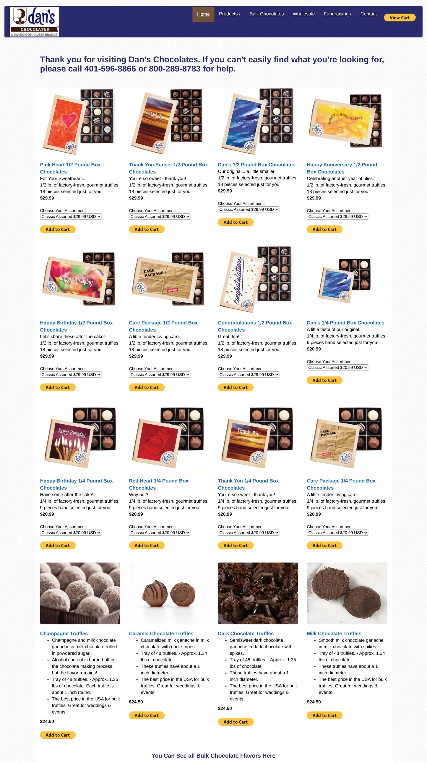 Screenshot: the Dan's Chocolates website.