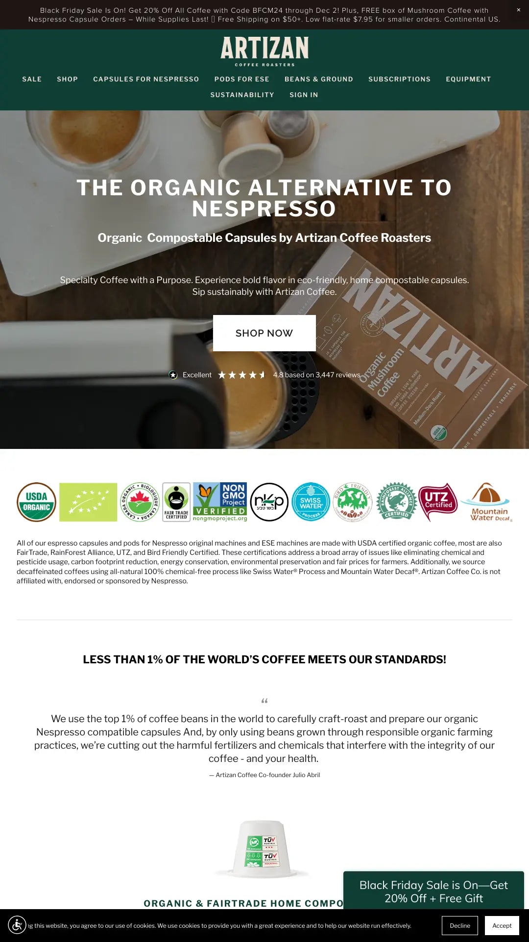 Screenshot: the Artizan Coffee Co. website.