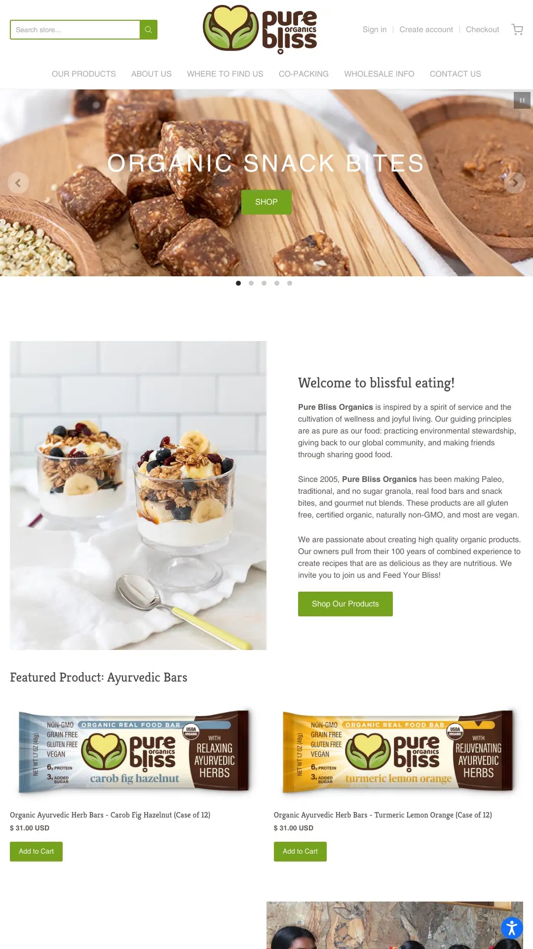 Screenshot: the Pure Bliss Organics website.