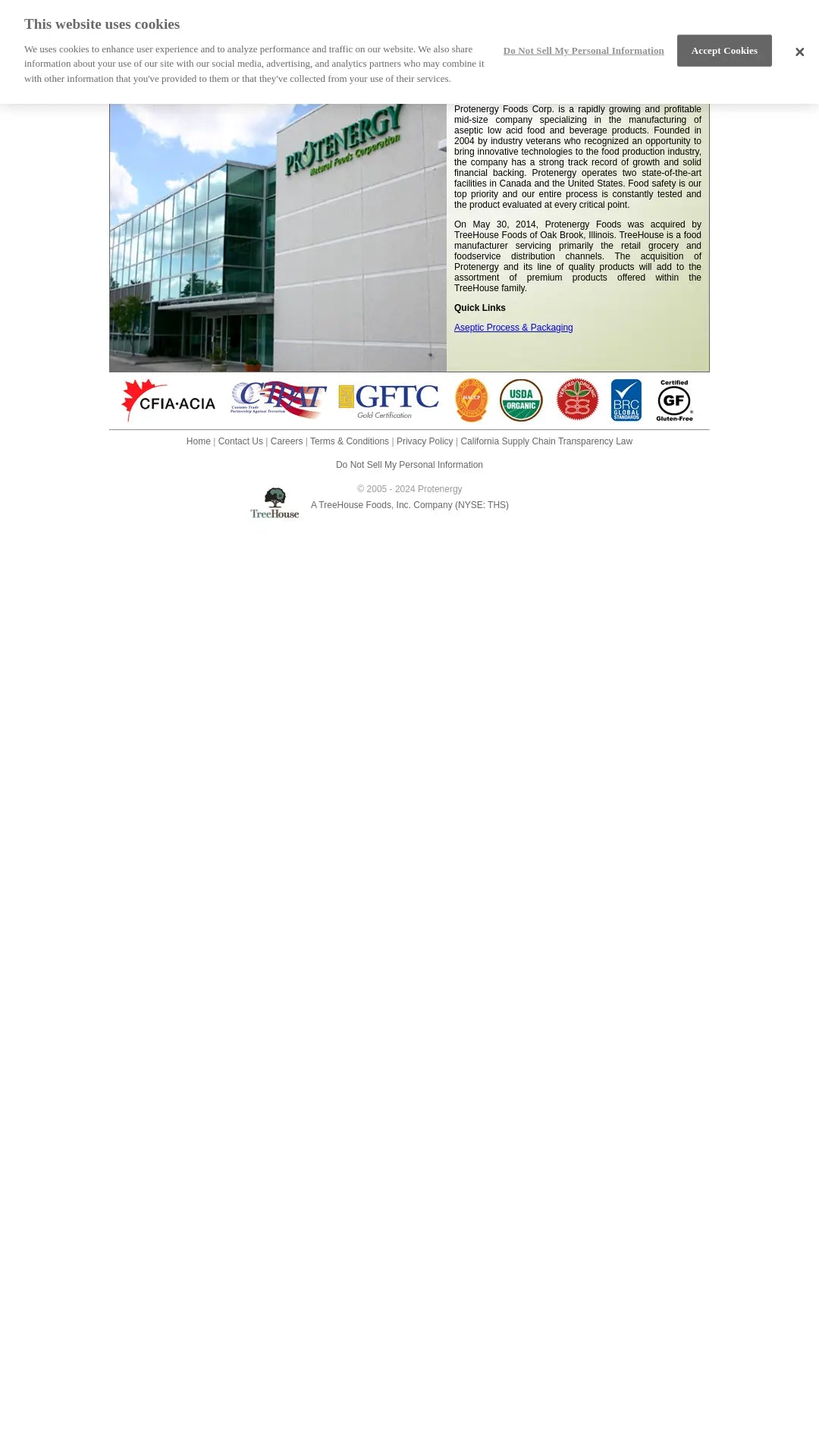 Screenshot: the Protenergy Natural Foods Corp. website.