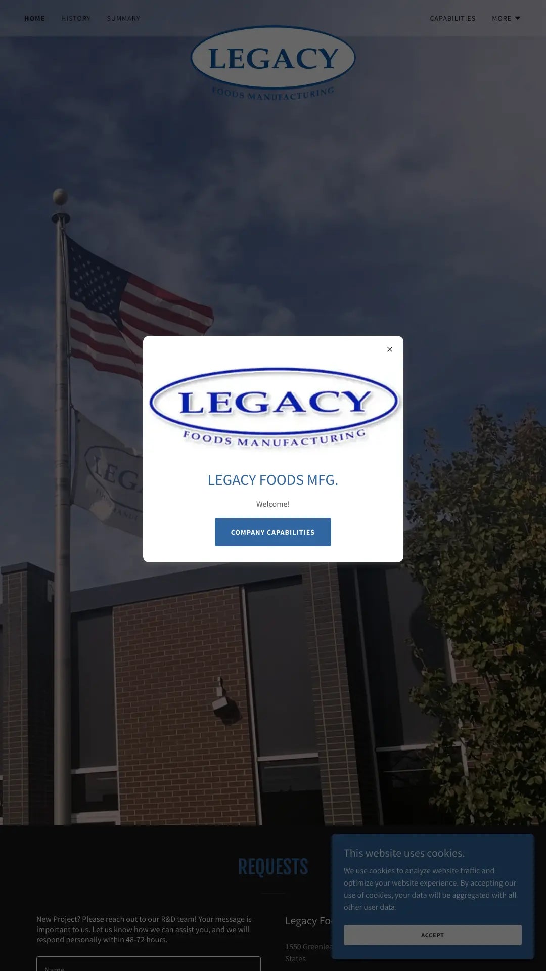 Screenshot: the Legacy Foods Manufacturing website.