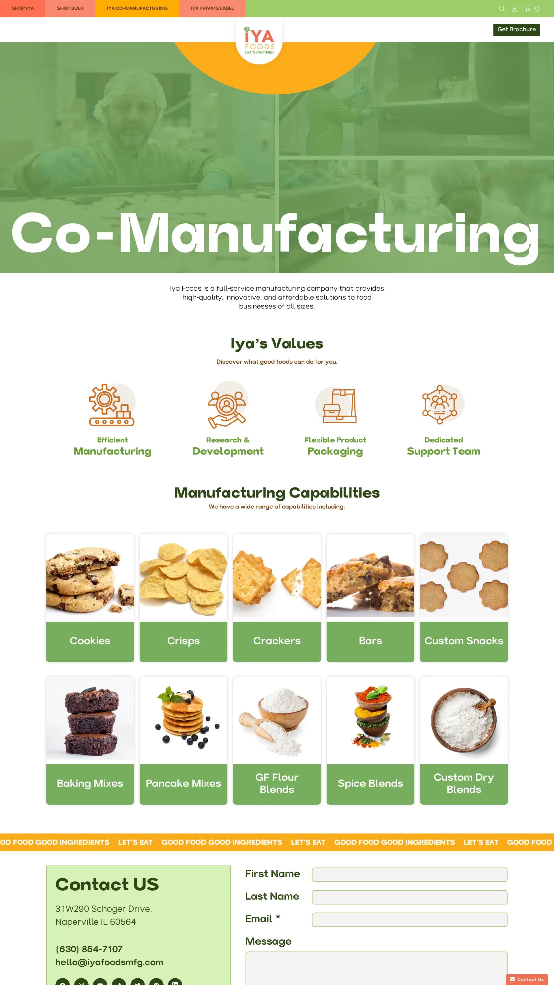 Screenshot: the IYA Foods Co-manufacturing website.